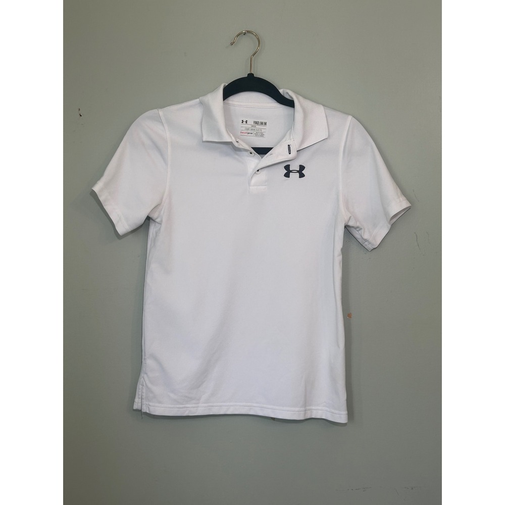 Boys Under Armour White Polo Shirt Youth Medium Loose HeatGear Short Sleeve